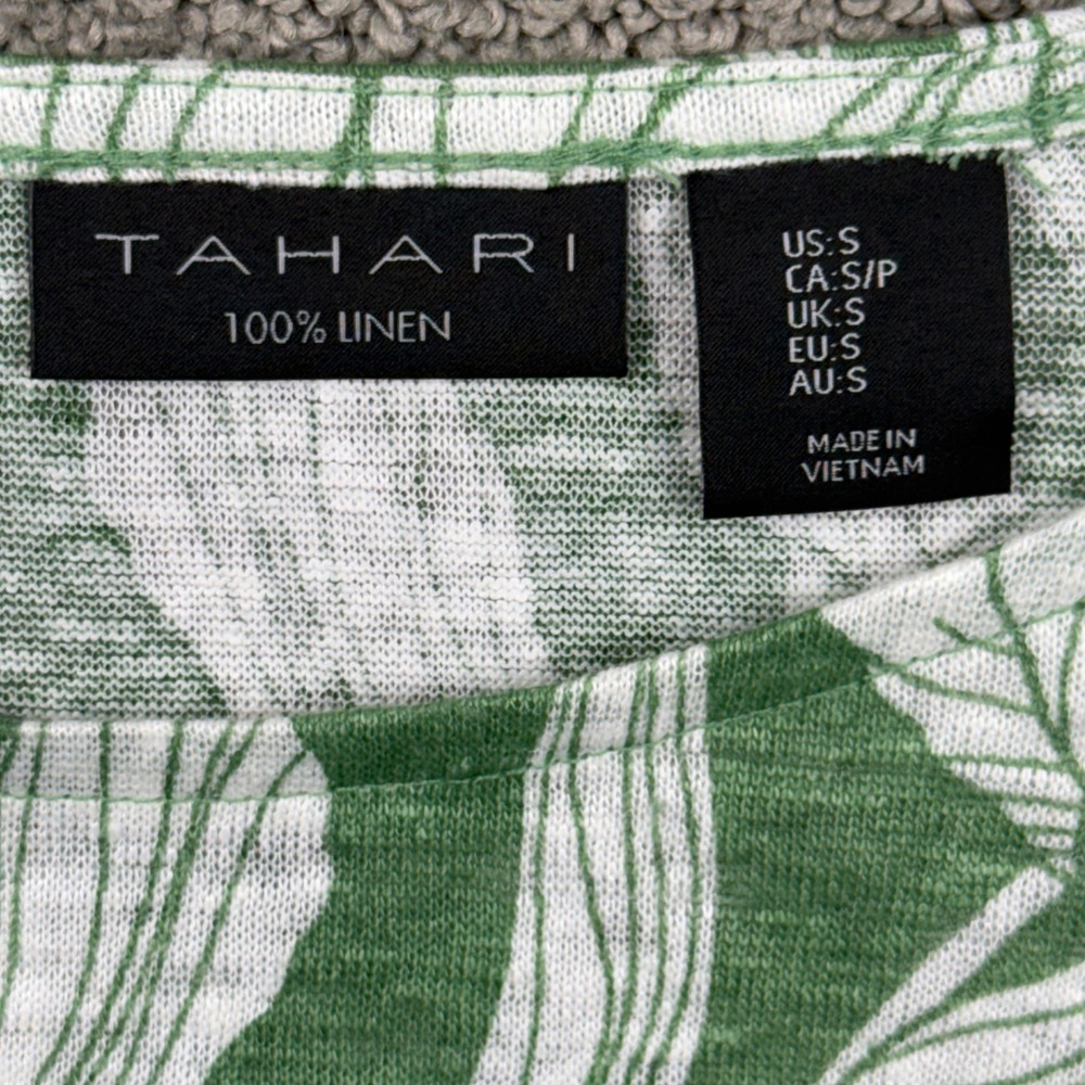 Tahari Linen Top Womens Small Green Floral Cap Sleeve Button Side Casual Summer - Picture 5 of 7